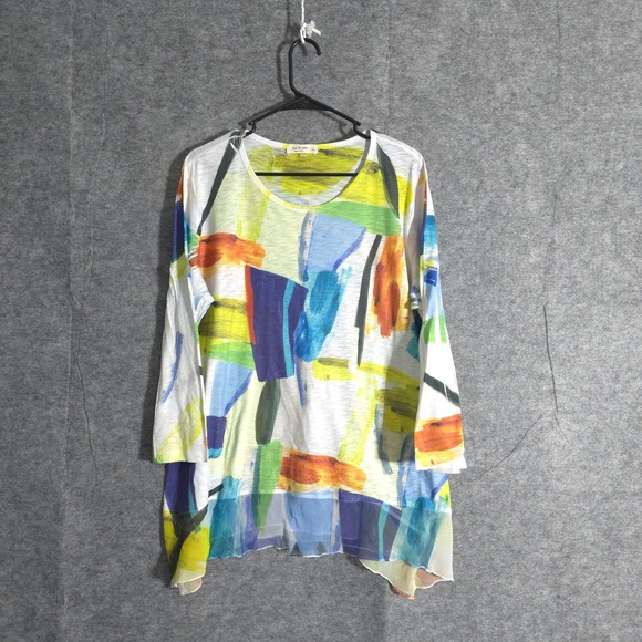 Jess & Jane Abstract Art Tunic Top Womens XL Colorful Long Sleeve Sheer Hem USA - Picture 1 of 7